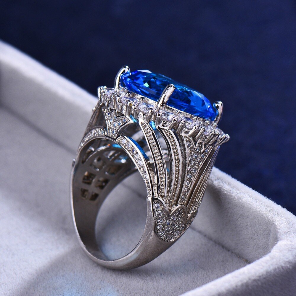 Luxe Vrouwelijke Grote Blauwe Steen Ring Zilver Kleur Trouwringen Voor Vrouwen Jaar Mode Engagement Ring Sieraden