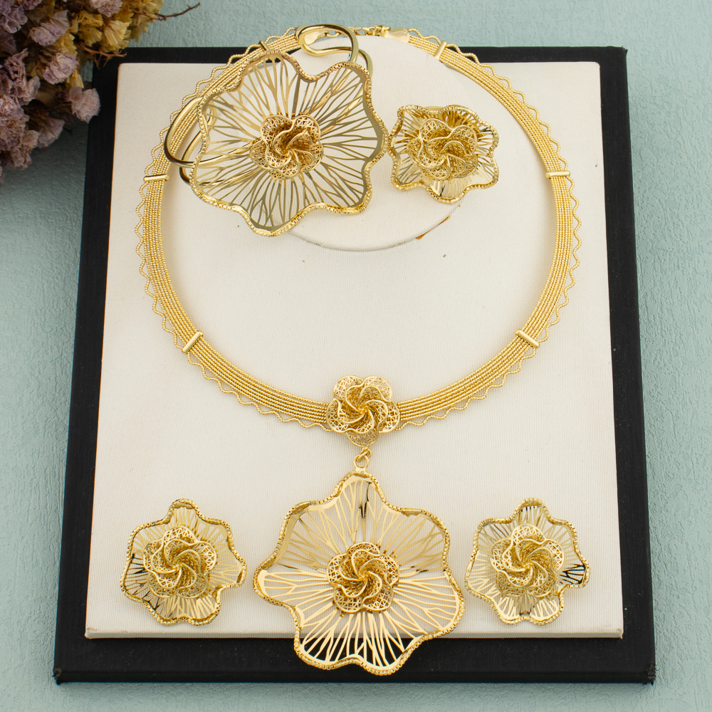 Conjunto de joyas con colgante de flor grande de Dubai para mujer, collar de lujo africano chapado en oro, pendientes, brazalete, anillo, de boda: Default Title