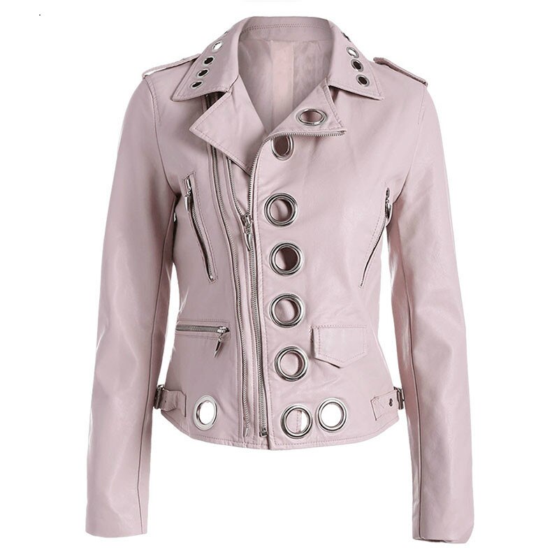 Faux Leather Jacket Bomber Coats Lady Black Punk Rock Leather Jacket Outerwear Women Pu Motorcycle Soft Pink