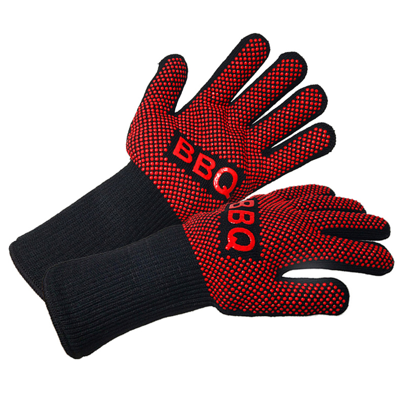 BBQ Gloves Heat Resistant Barbecue Grill Glove Oven Mitts Silicone Insulated Baking Cooking Grilling Oven Gloves BBQ Accessories: black