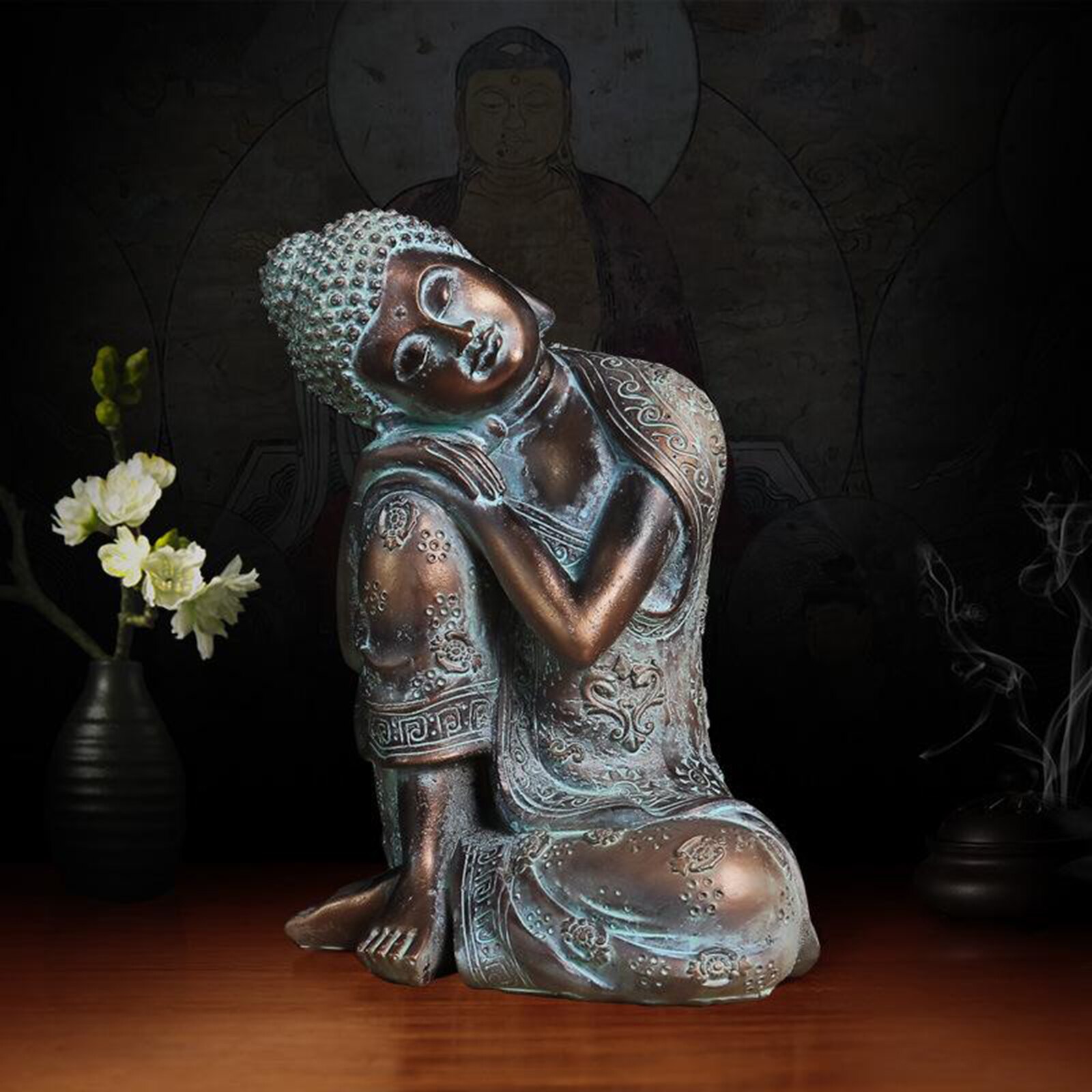 Bronsharts sovande buddha staty sits vila sömn invärmning