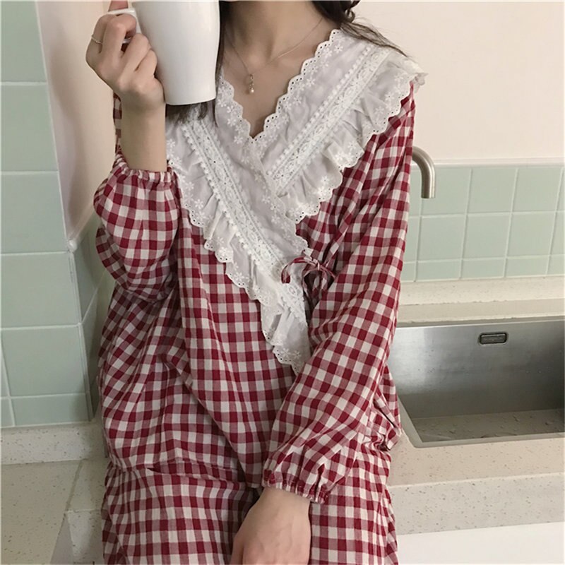 Heydress Women Sweet Sleepwear Loose Pajamas Suits Fresh Home Clothes Plaid Lace Gentle Three-piece Suits Chic Vintage