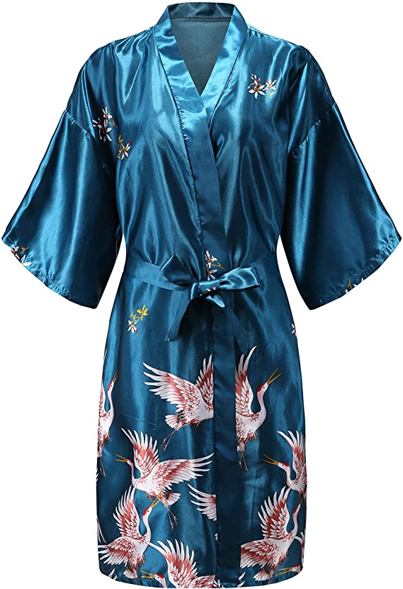 Bata de satén de seda para boda, bata de dama de honor, albornoz Floral, Kimono corto, bata de noche, bata de baño, bata de para mujer: S / Azul cielo
