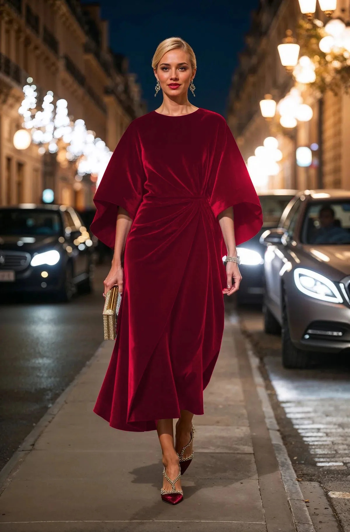 Velvet Waist-Cinching Dress with Batwing Sleeves And round Neck for Women Fashionable And Stylish Long Ankle-Length Gown: S / Red