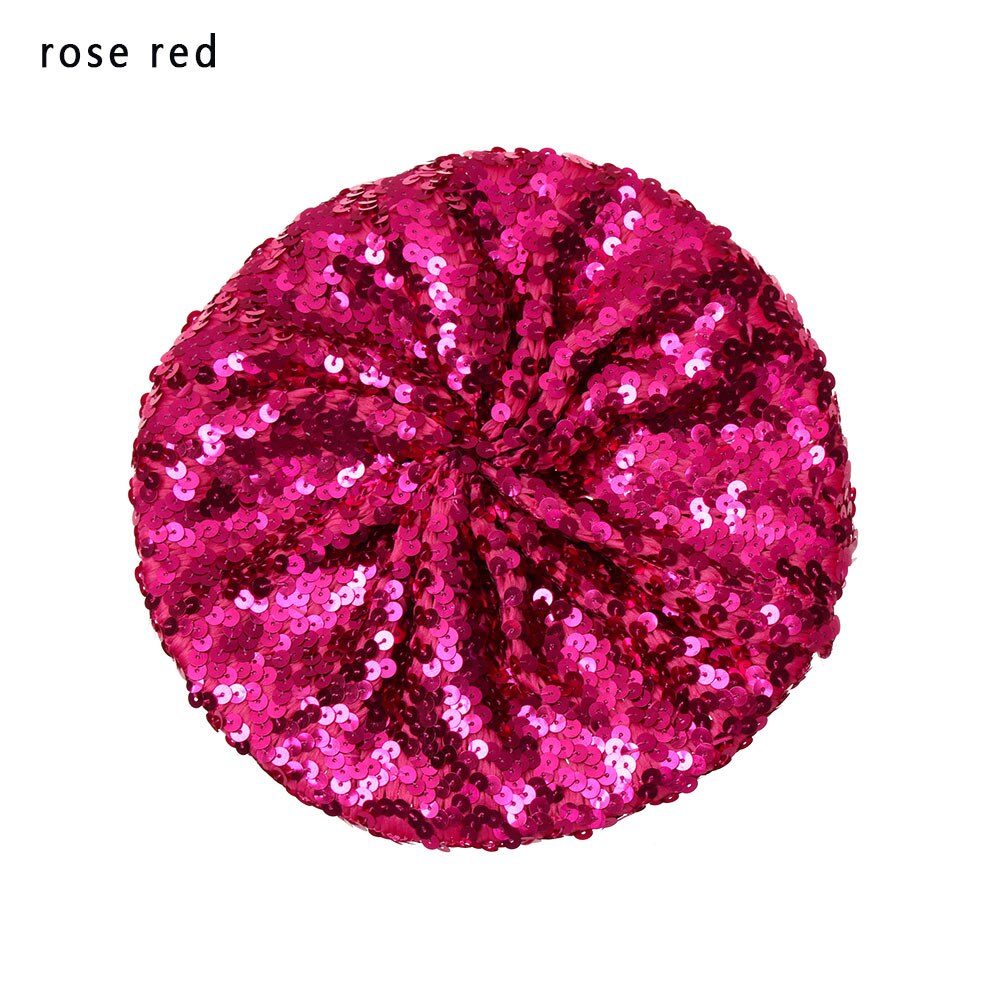 Kvinder pailletter hat skinnende kostume jazz glitter dans baret rund kasket dame tilbehør hue baret hat britisk stil: Rosenrød