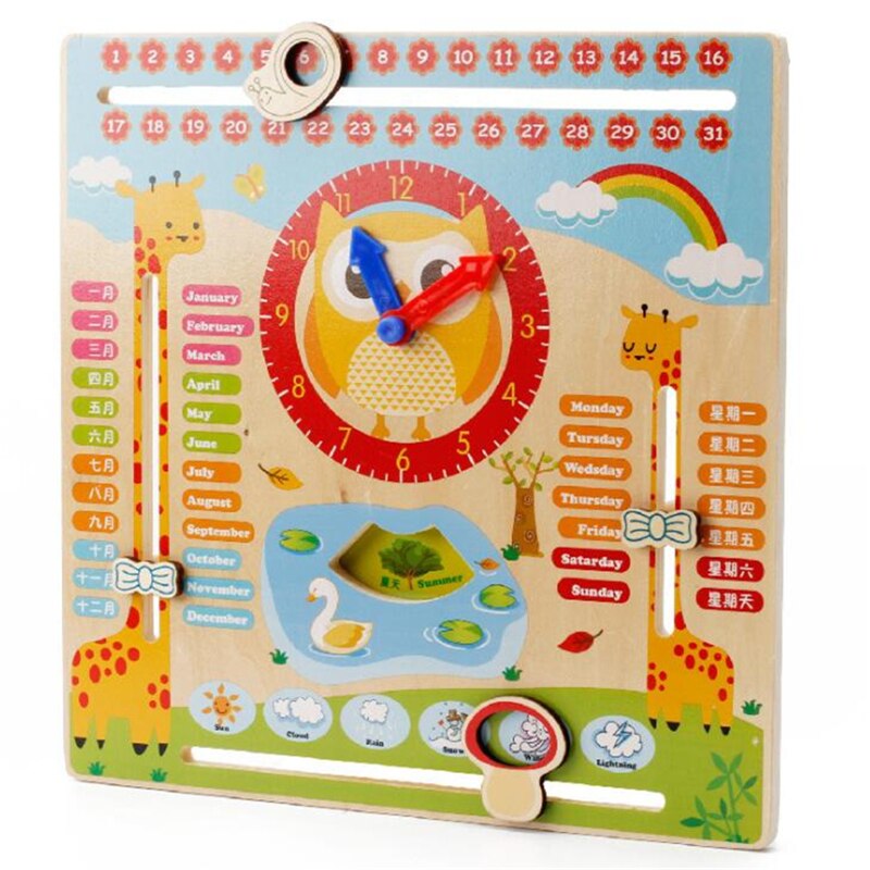 Enfants jouet en bois enfants apprentissage précoce développement multifonction bois horloge suspendue y compris calendrier horloge mois météo