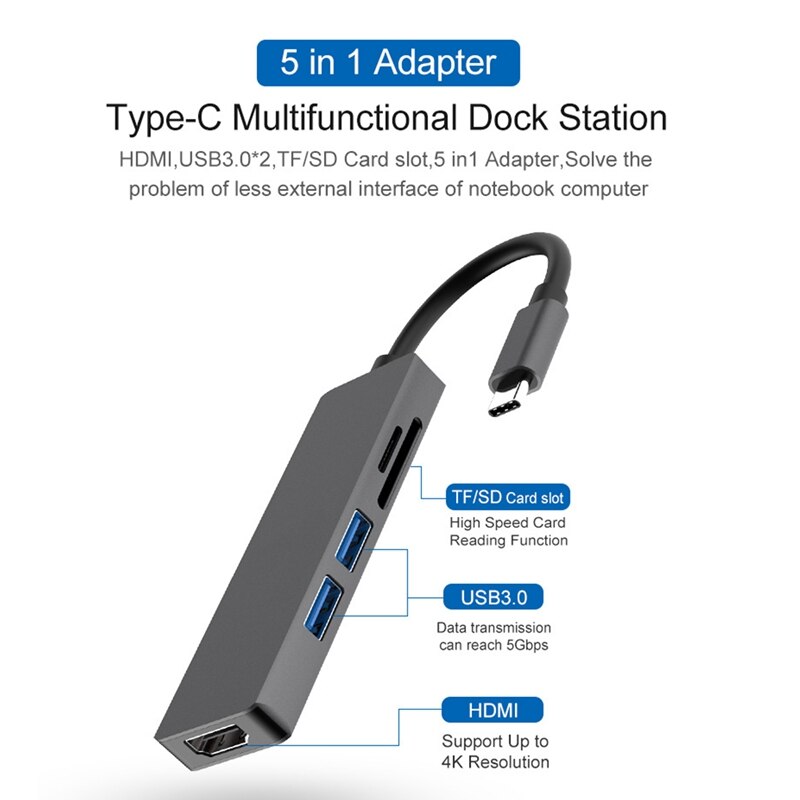Usb c hub adaptador hdmi para pro 2019/2018/2017 5 em 1 dongle USB-C para hdmi, leitor de cartão sd/tf e 2 portas usb 3.0