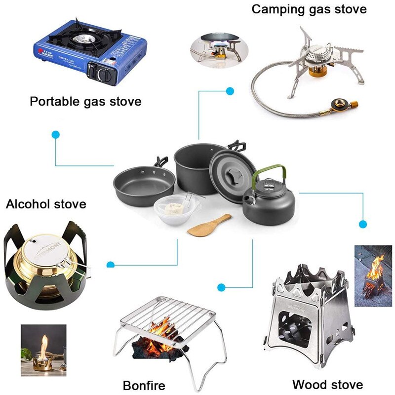Camping Cookware Kit Outdoor Aluminum Cooking Set Water Kettle Pan Pot Bowl Travelling Hiking Picnic BBQ Tableware Equipment
