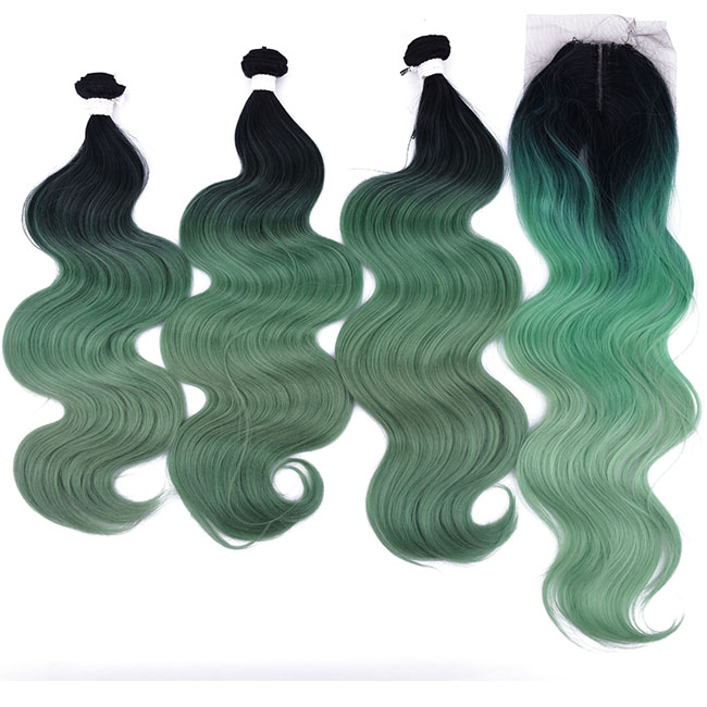 16-20inch Body Wave Synthetic Ombre Hair Bundles With Closure Purple Pink Green Middle Part 4Pieces/lot 230g: 4/30HL
