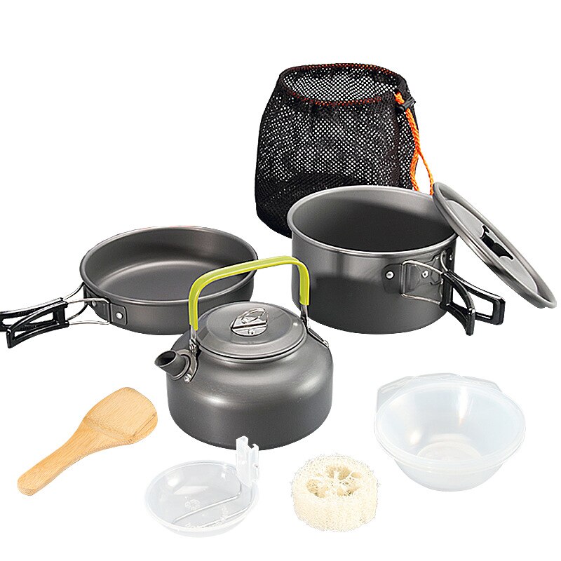 Camping Cookware Kit Outdoor Aluminum Cooking Set Water Kettle Pan Pot Bowl Travelling Hiking Picnic BBQ Tableware Equipment: Black set A