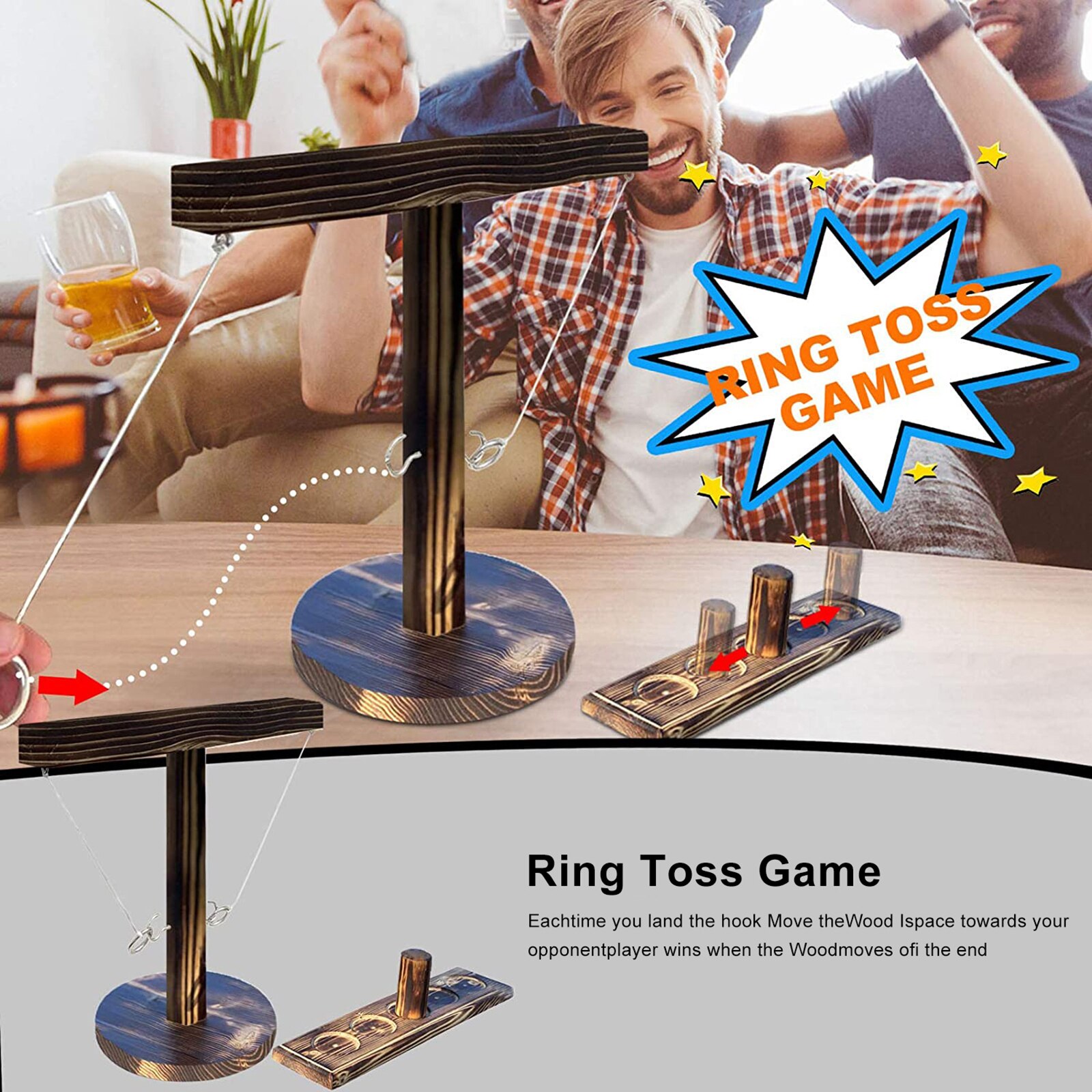 Hook and Ring Game, Wooden Ring Toss Interactive Game for Home Bar, Play Platoon Hook and Ring Toss Battle Game with Scoreboard