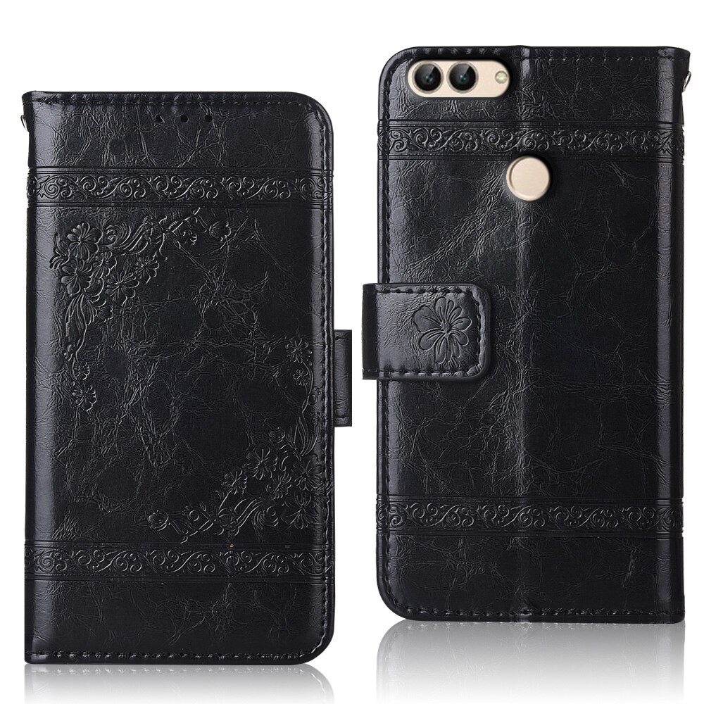 P Smart Case Flip Wallet Leather Book Case For On Huawei P Smart Back Cover For Huawei P Smart FIG-LX1 Coque: oil-Black