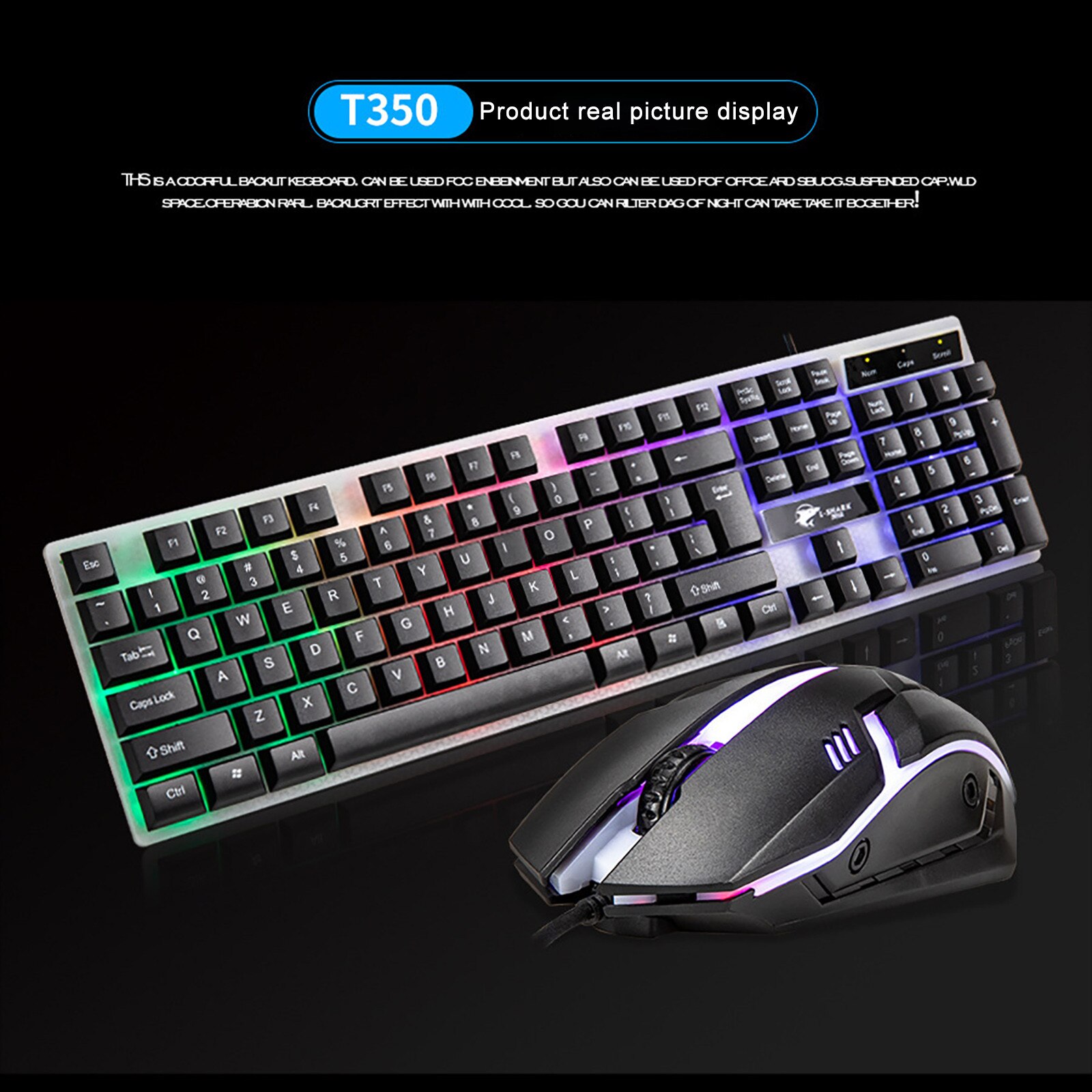 T350 Rainbow Backlight Usb Rainbow Ergonomic Gaming Keyboard and Mouse Set 104 Key Wired Keyboard Mice Combos for Laptop