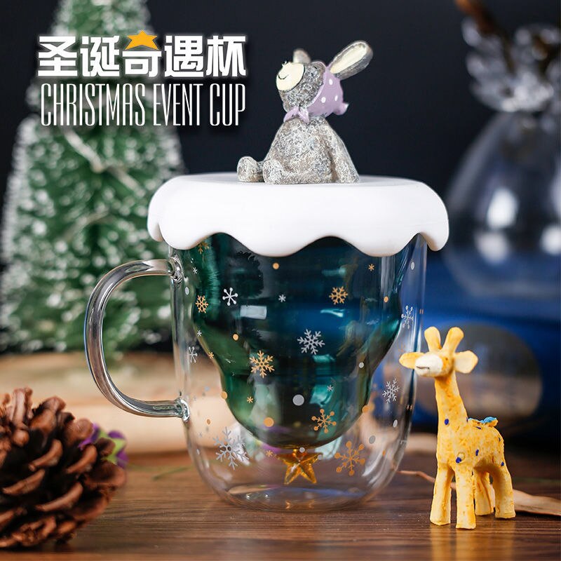 Star wish double glass cute drinking glass Christmas tree cup star wish cup birthday milk cup.