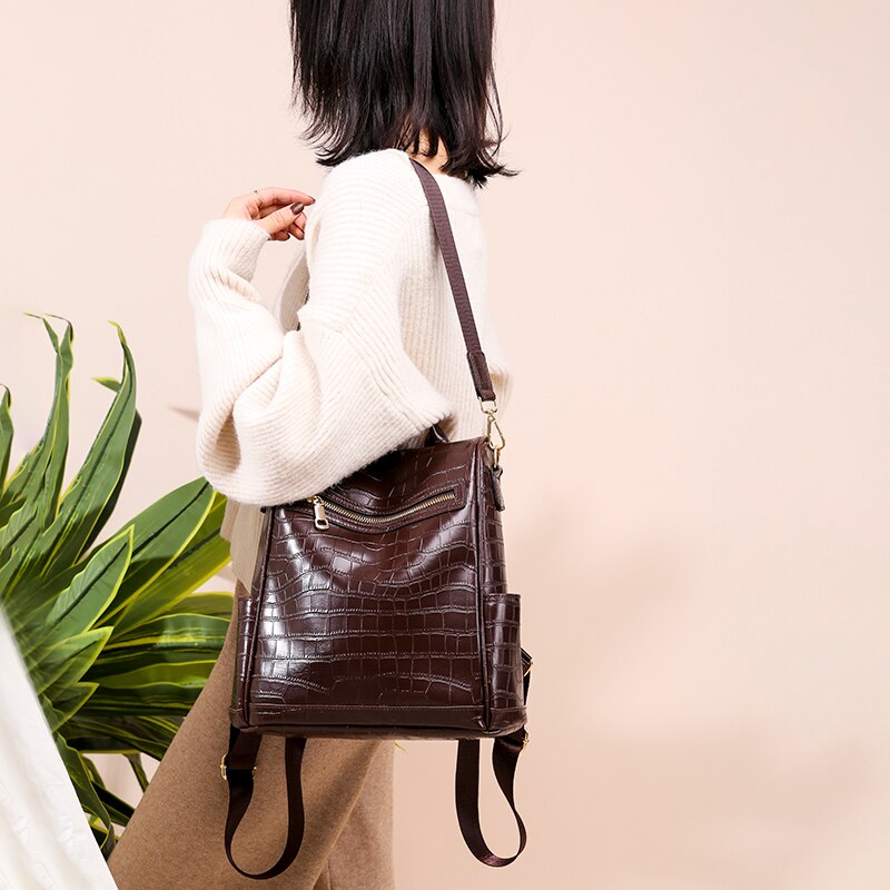 Antidiefstalrugzak voor dames leren rugzak krokodillenpatroon dames reisrugzak pu schooltas voor tienermeisjes preppy