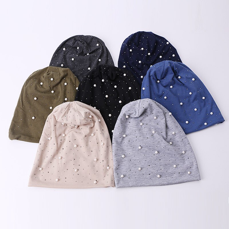 Soft Cotton Autumn Spring Beanie Hats Women Girls Pearl Rhinestones Warm Skullies Caps Turban Bonnet Hat Female Ladies