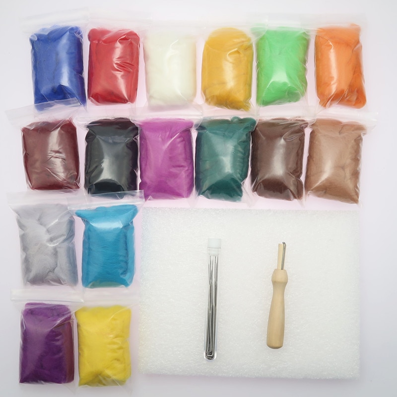 10g x16 farger myk toving ullfilt  + 7 stk nåler+ matte filt gjør-det-selv-pakke startsett gjør-det-selv håndverk håndlaget rev/kaninfilt dyr