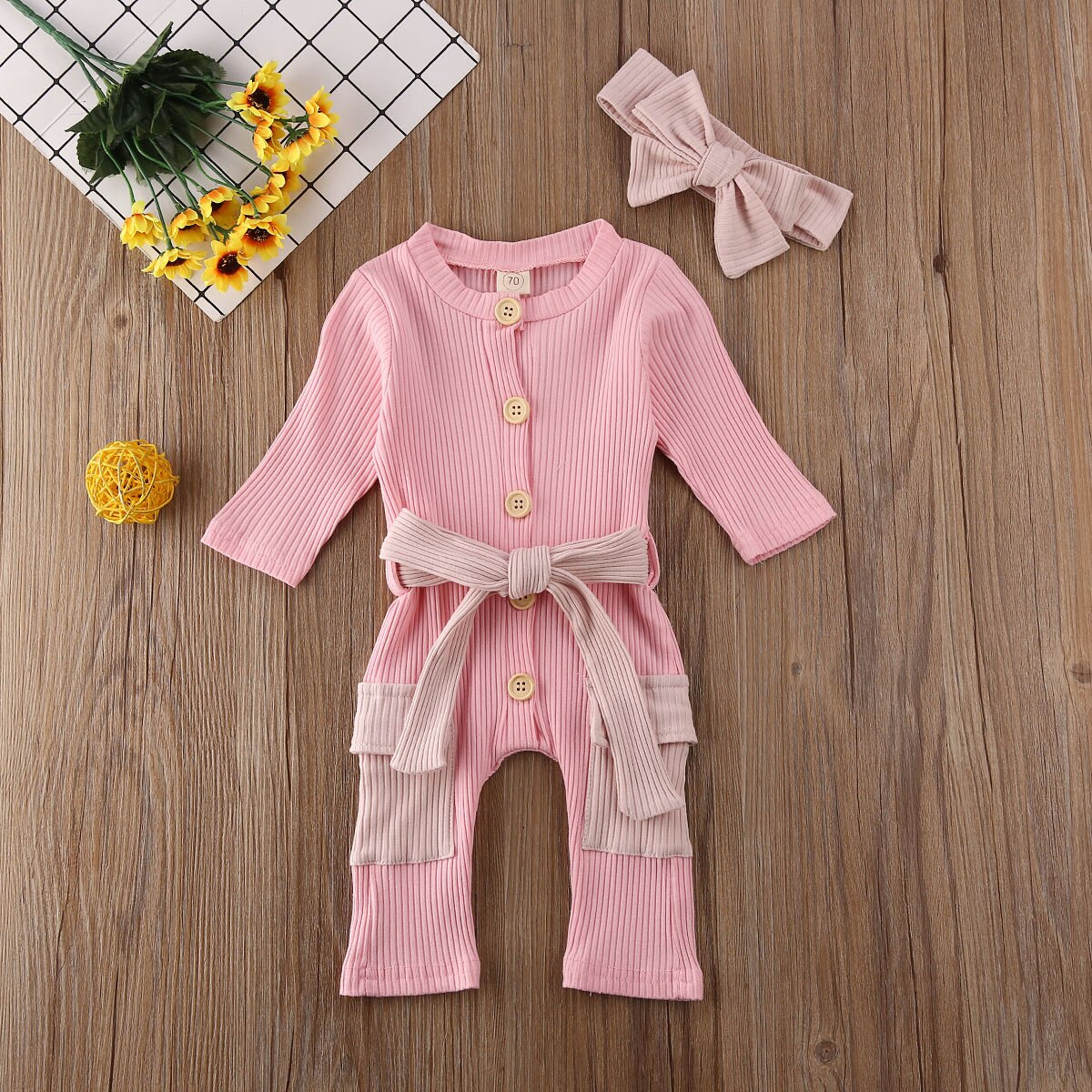 2pcs infantil bebê menina meninos macacão bandana 2pcs roupas de malha arco grande sólido manga longa macacão outfit