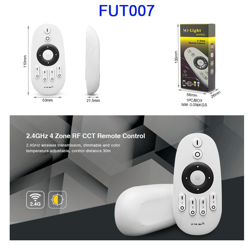 Miboxer 2.4g 4 sone 8 sone trådløs fjernkontroll rf rgbww rgb cct led pære led downlight bryter led strip panel lyskontroller: Fut 007