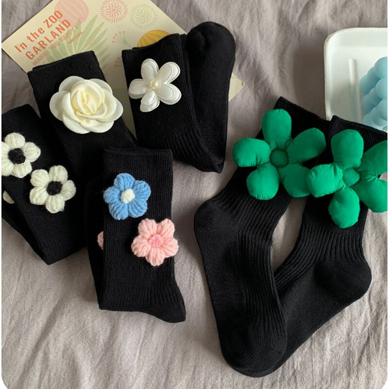 Calzini tubolari a strisce di fiori di moda coreana principessa divertente ginocchio di cotone nero abiti lunghi alti per ragazze roba economica per bambini