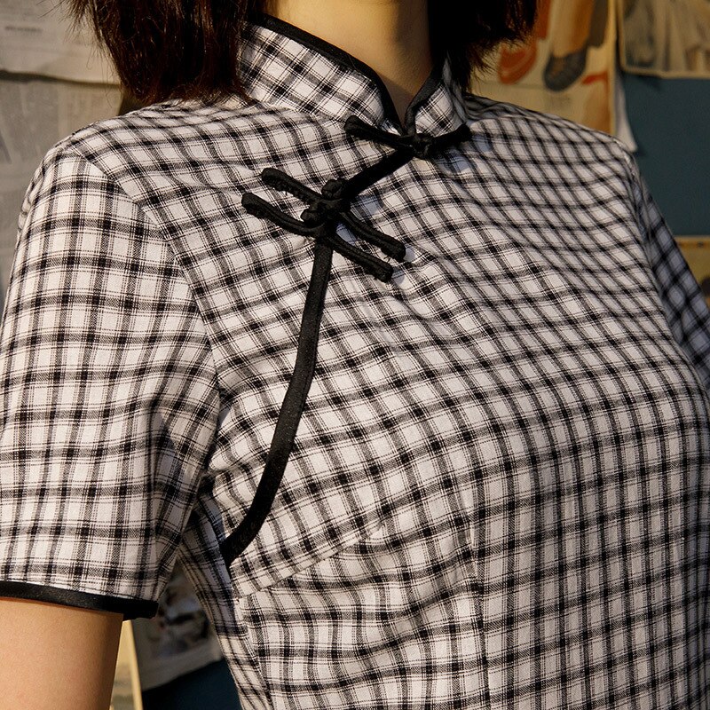 Qipao chino a cuadros blanco y negro, vestido de algodón hasta la rodilla, Cheongsam, disfraz de estilo universitario chino, vestidos de mujer Vintage Qipao
