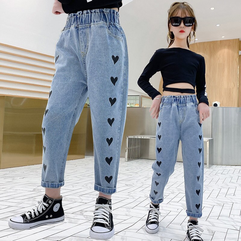 Jean imprimé cœur pour adolescentes, pantalon décontracté, taille élastique, printemps automne, 6 8 10 12 14,