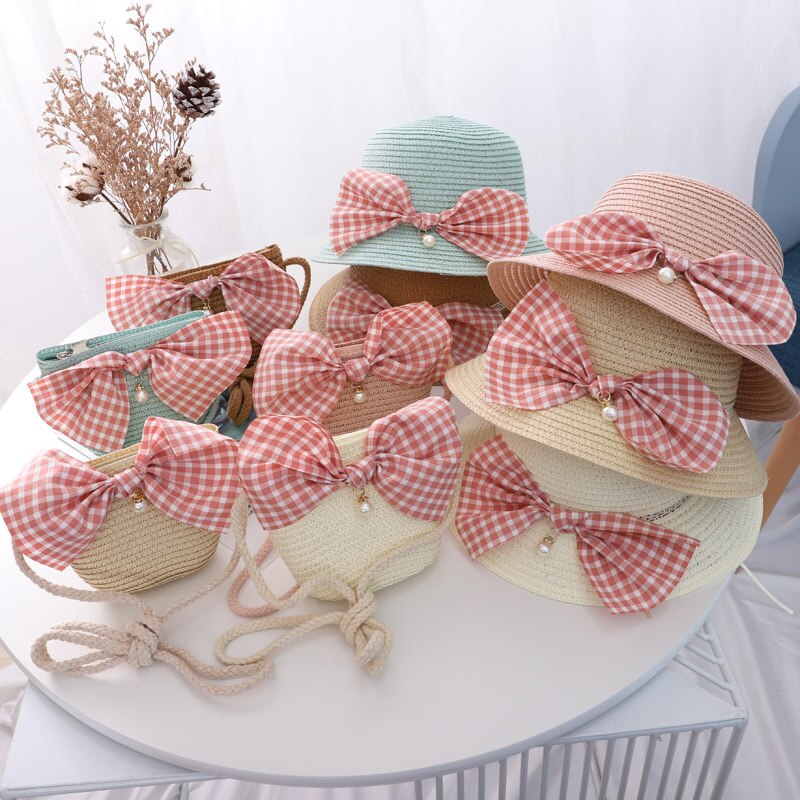 Zomer Kind Prinses Leuke Cartoon Stro Hoed Met Handtassen Tassen 2 Stuks Een Set Kids Meisje Baby Boog Plaid panama Zonnehoed