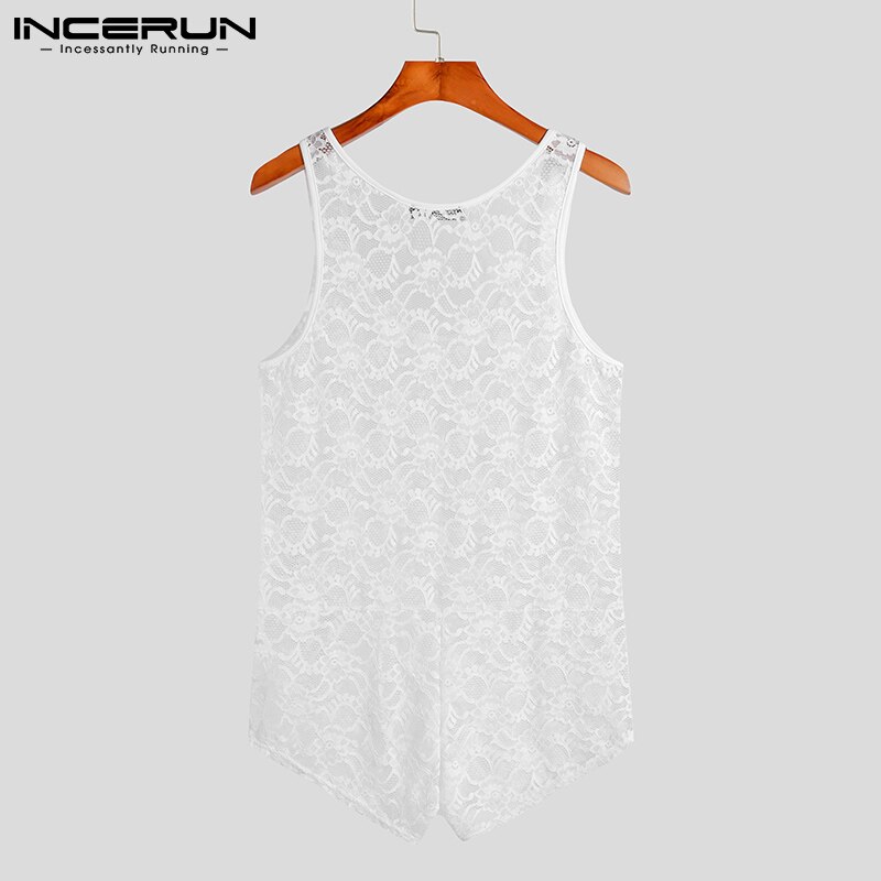 INCERUN 2022 Men&#39;s Sexy Leisure Jumpsuit See-though Hollow Out Sleeveless Jumpsuit Lace Flower Breathable Mesh Rompers S-5XL