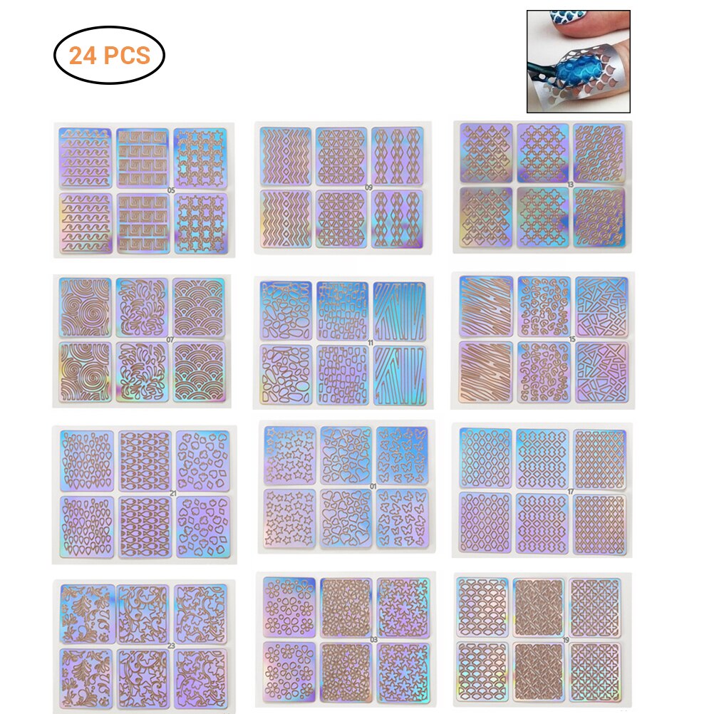 24Pcs Diy Nagels Stempelen Template Nail Stickers Onregelmatige Grid Stencil Herbruikbare Nail Art Vinyls Hollow Nail Stickers: 24PCS