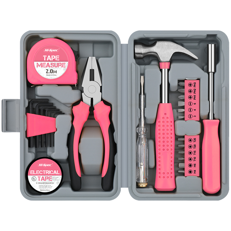 Juego de herramientas manuales de bricolaje compactas para el hogar y la oficina de alta especificaciones de 24 piezas para reparaciones de mejoras del hogar: Rosa
