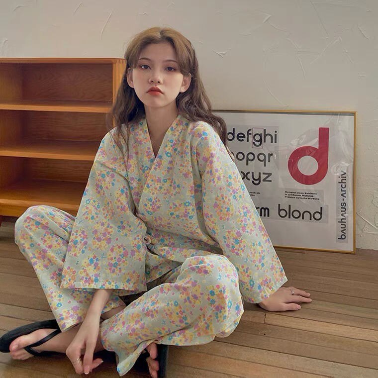Kimono Vrouwen Sakura Kamer Slijtage Japanse Kawaii Pyjama 2 Stuk Sets Nachtkleding Vintage Bloemen Pijama Harajuku Pyjama Loungewear: S