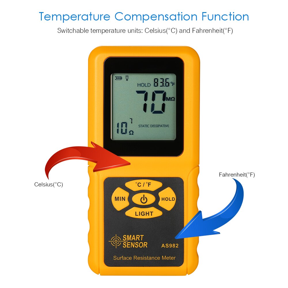 SMART SENSOR AS982 Resistance Meters Handheld LCD Surface Resistance Meter Tester Temperature Measurement Data Holding Function