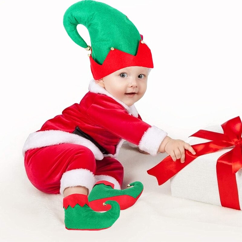 Sombreros de Navidad para adultos y niños, botas de elfo, calcetines de elfo de Navidad, zapatos de caramelo, sombrero, vestido de graduación, disfraz de vacaciones de Navidad, 3 piezas