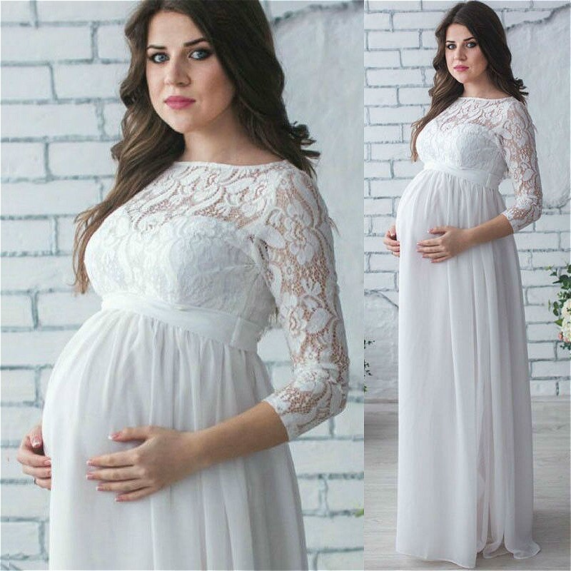 Gravide kvinder gravid kjole gravid tøj langærmet blonde fest maxi kjole gravid tøj til fotografering rekvisitter