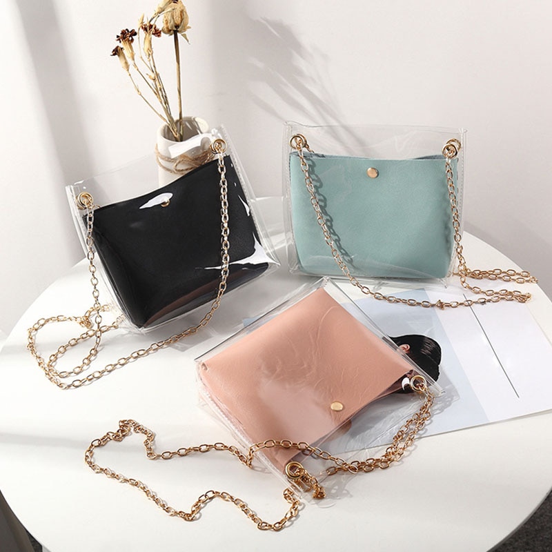 Women Composite Bags Transparent Shoulder Bag Metal Chain Magnetic Buckle PU Purse SER88