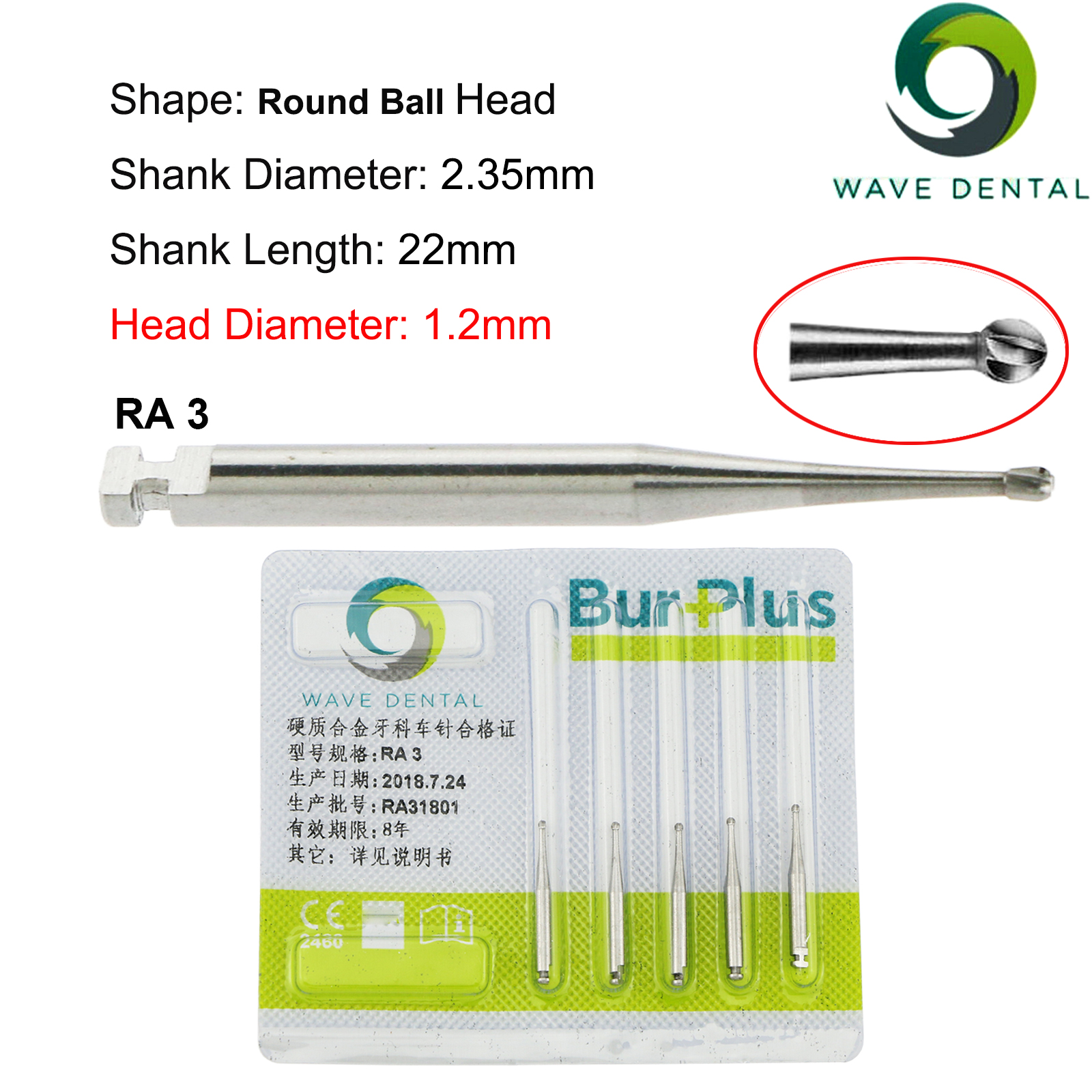 Fresas de carburo de tungsteno Dental WAVE, taladro Dental de cabeza redonda, fresas de implante RA SURG para pieza de mano de baja velocidad, herramientas de dentista, 5 unids/pack: Rojo claro