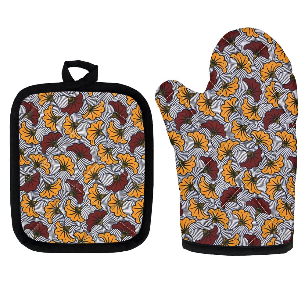 Set Van 2 Afrikaanse Etnische Tribal Bloemen Keuken Koken Magnetron Handschoenen Mitts Pot Pad Heat Proof Beschermd Thuis Bakken pads