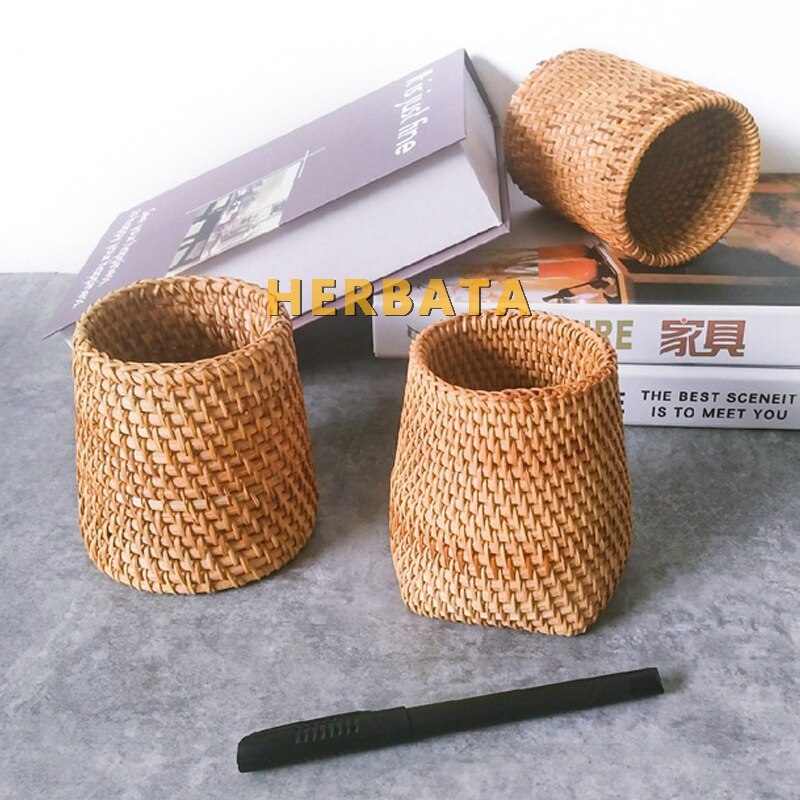 Simple Autumn Rattan Hand Woven Pen Holder Organizer Makeup Brush Holder Stationery Office Desk Accessories Decor