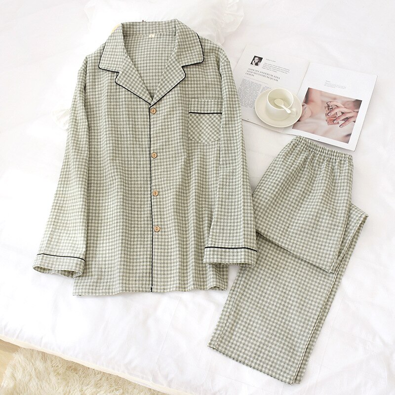 Nowa bawełniana i lniana męska pled koszula nocna z długim rękawem skręcić w dół kołnierz grzywny dorywczo mężczyzn bielizna nocna ekologiczny materiał zestaw piżamy: zielony plaid / M