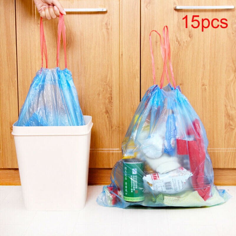 15pcs/roll Rubbish Garbage Bin Liners Kitchen Toilet Waste Trash Bags With Handle Vest Type Disposal Kitchen Sink Trash Bags