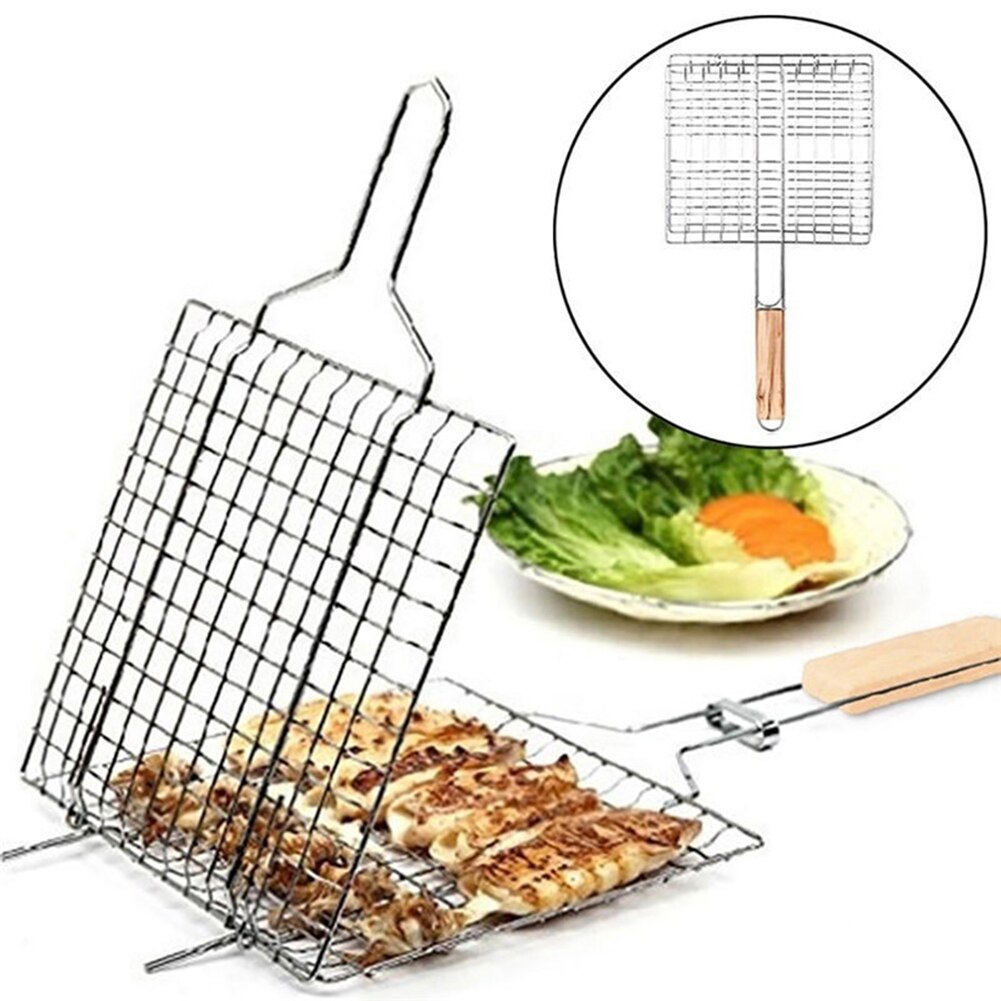 Ruostumaton teräs tarttumaton grilli kori työkalut grilli verkko kala hampurilainen kultapaisto kannettava puinen kahva liha kalaklipsi