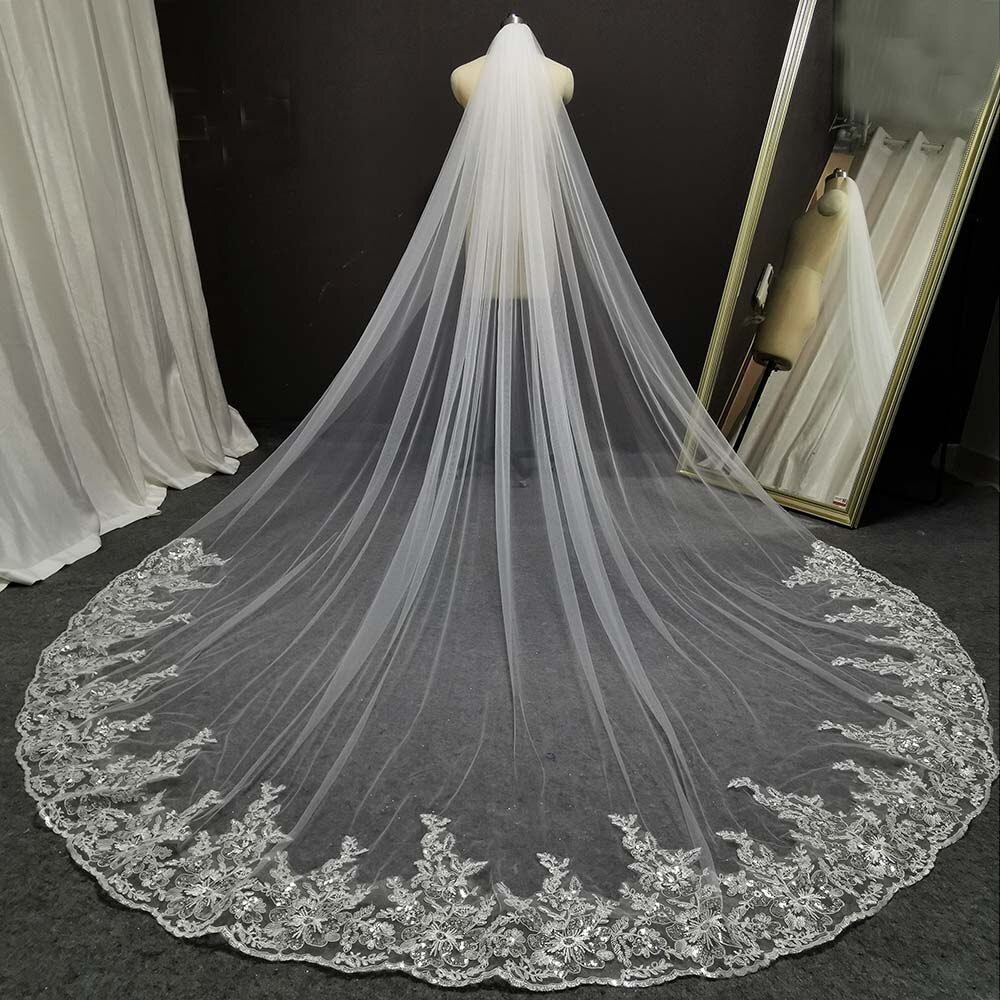 Glitter Pailletten Lace Lange Bruiloft Sluier 3 Meter Wit Ivoor Bridal Veil Wedding Hoofddeksels Bruid Sluier