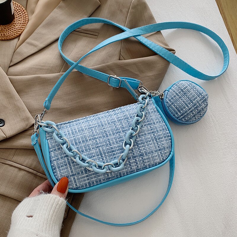 Mode Kleine Schoudertas Chain Handtassen Voor Vrouwen Zomer Baguette Tas Geweven Patroon Vrouwelijke Crossbody Handtassen: blue