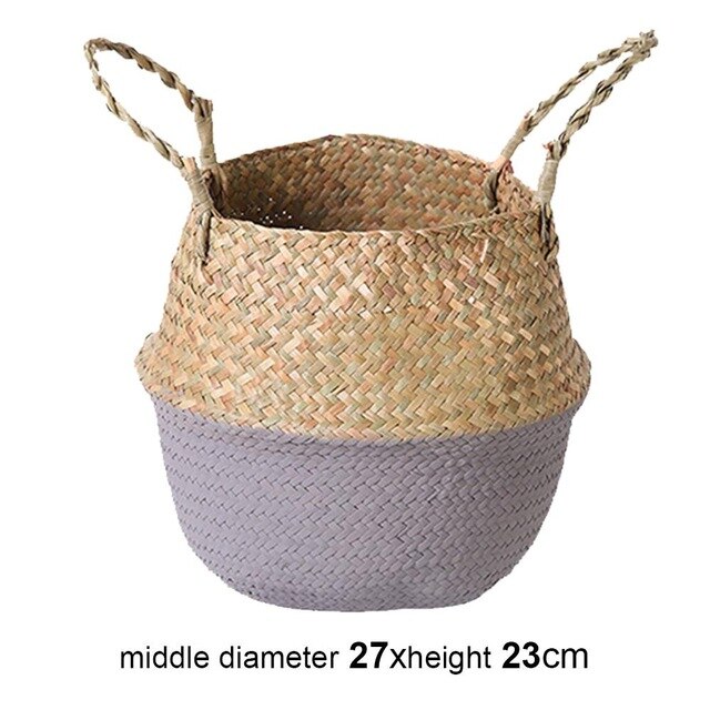 Straw Handle Bag Plant Flower Pots Woven Handheld Toy Storage Basket Nursery Handmade Laundry Organizer Foldable: 27X23CM Color E
