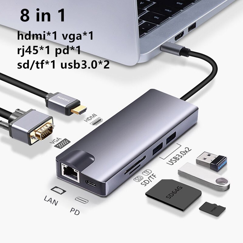 Usb Type C Hubto Hdmi-Compatibel 4K Vga Adapter RJ45 Lan Ethernet Sd Tf Pd USB3.0 3.5Mm jack Audio Video Voor Macbook Pro Otg: 8 in 1 hub type 1