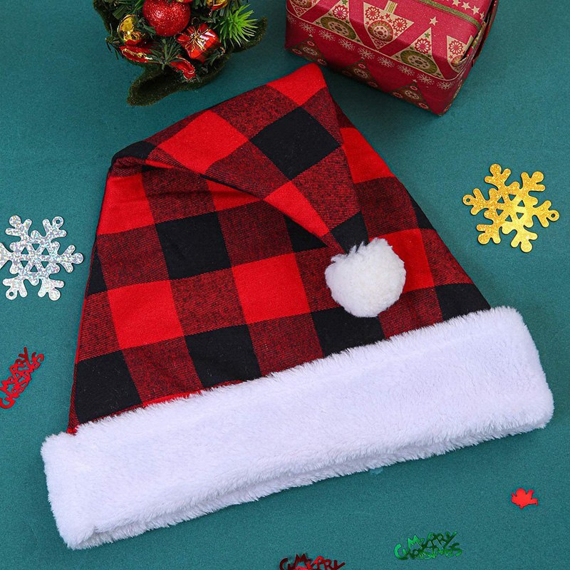 Kerst Hoed Voor Kerstman Zwart En Rood Plaid Kerst Hoed Met Hairball Xmas Cap Ornament Voor Party jaar Decor