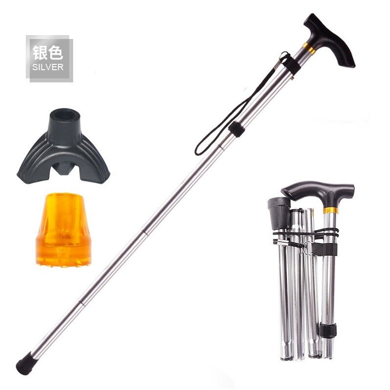 Multifunction bengala telescópica dobra muletas caminhadas vara muleta idosos vara de metal bengala trekking ao ar livre pólos: Silver  Send Tendon Booties Triangular Booties 1