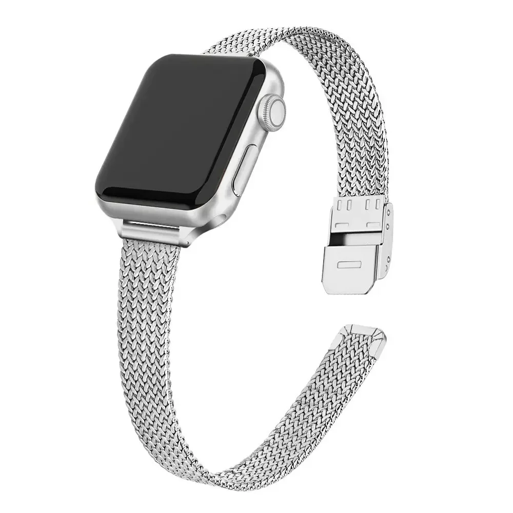 Slanke armband metalen band voor Apple Watch 9 8 7 6 SE 5 4 3 41 45 49MM Ultra roestvrijstalen Milanese band voor iwatch 10 42 46MM: 18mm / Zilver