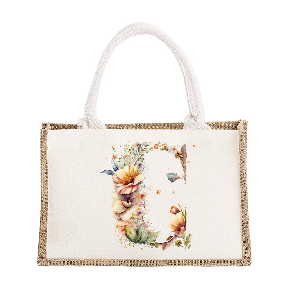 Sac à bandoulière en lin de grande capacité, sac de Shopping pour femmes, motif imprimé de lettres florales, sac d'imitation de Jute: Bleu marine