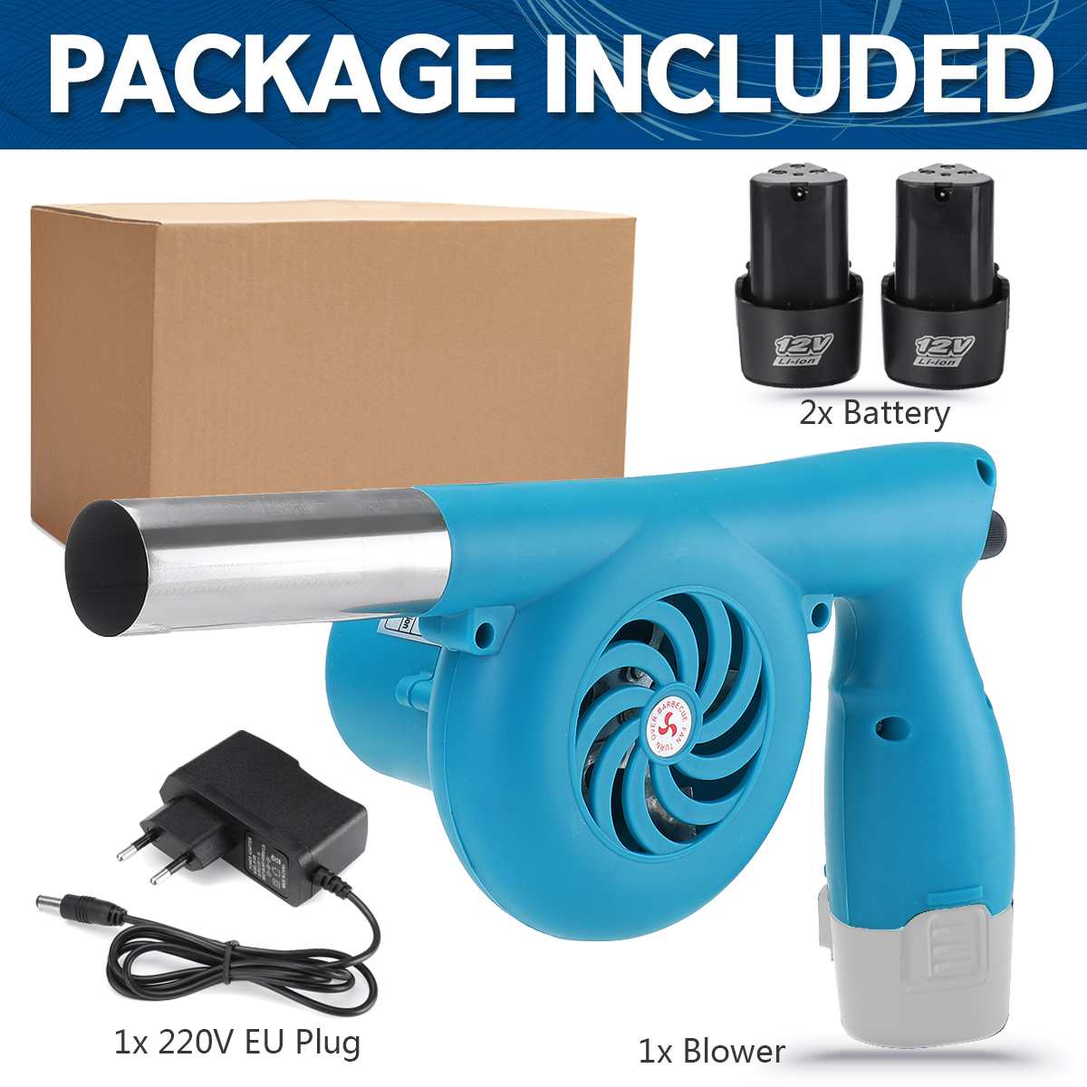 Cordless Electric Air Blower Handheld Leaf Blower Dust Collector Sweeper BBQ Grill Fire Bellows Tools with Li-ion Battery: EU Plug 2 Battery
